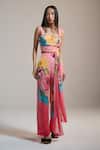 THE IASO_Pink Chiffon Floral Print Crinkle Pants _Online_at_Aza_Fashions
