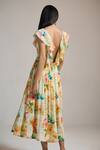 Shop_THE IASO_Yellow Cotton, Jacquard Beads V-neck Floral Ruffle-sleeve Midi Dress _at_Aza_Fashions