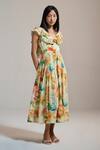 Buy_THE IASO_Yellow Cotton, Jacquard Beads V-neck Floral Ruffle-sleeve Midi Dress _at_Aza_Fashions