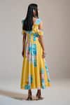 Shop_THE IASO_Yellow V-neck Sunburst Floral Cold-shoulder Dress _at_Aza_Fashions