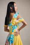 THE IASO_Yellow V-neck Sunburst Floral Cold-shoulder Dress _Online_at_Aza_Fashions