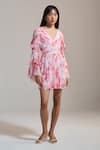 Buy_THE IASO_White Chiffon V-neck Rose Drift Mini Dress _at_Aza_Fashions