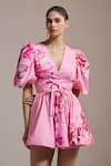 Buy_THE IASO_Pink Cotton Satin V-neck Blush Bloom Wrap Mini Dress _at_Aza_Fashions