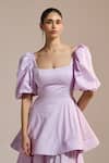 THE IASO_Lilac Square Neck Peplum Puff-sleeve Dress _Online_at_Aza_Fashions