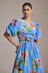 THE IASO_Sky Blue V-neck Tropical Symphony Dress _Online_at_Aza_Fashions