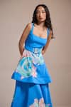 THE IASO_Blue Square Neck Floral Belted Asymmetrical Dress _Online_at_Aza_Fashions