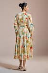 Shop_THE IASO_Yellow Plunge Neck Garden Bloom Pleated Midi Dress _at_Aza_Fashions