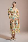 Buy_THE IASO_Yellow Plunge Neck Garden Bloom Pleated Midi Dress _at_Aza_Fashions
