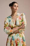 THE IASO_Yellow Plunge Neck Garden Bloom Pleated Midi Dress _Online_at_Aza_Fashions