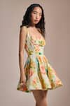 THE IASO_Yellow Cotton, Jacquard Embroidery Sweetheart Neck Floral Whirl Mini Dress _Online_at_Aza_Fashions