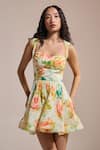 Buy_THE IASO_Yellow Cotton, Jacquard Embroidery Sweetheart Neck Floral Whirl Mini Dress _at_Aza_Fashions