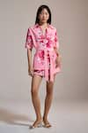 THE IASO_Pink Collared Tropicana Bloom Printed Shirt With Belt _Online_at_Aza_Fashions