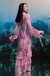 Shop_THE IASO_Pink Chiffon V-neck Sheer Ruffle Dress _at_Aza_Fashions