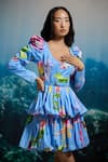 Buy_THE IASO_Blue Cotton Satin Beads Scoop Neck Puff Sleeve Tiered Mini Dress _at_Aza_Fashions