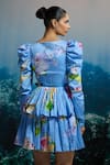 Shop_THE IASO_Blue Cotton Satin Beads Scoop Neck Puff Sleeve Tiered Mini Dress _at_Aza_Fashions