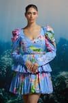 THE IASO_Blue Cotton Satin Beads Scoop Neck Puff Sleeve Tiered Mini Dress _Online_at_Aza_Fashions