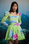 Buy_THE IASO_Green Linen Sweetheart Neck Spring Bloom Ruched Mini Dress _at_Aza_Fashions