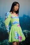 THE IASO_Green Linen Sweetheart Neck Spring Bloom Ruched Mini Dress _Online_at_Aza_Fashions