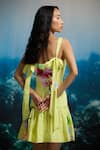 Shop_THE IASO_Yellow Linen Beads Square Neck Floral Print Lemon Dress _at_Aza_Fashions