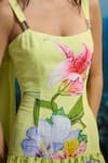 THE IASO_Yellow Linen Beads Square Neck Floral Print Lemon Dress _Online_at_Aza_Fashions