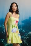 Buy_THE IASO_Yellow Linen Beads Square Neck Floral Print Lemon Dress _Online_at_Aza_Fashions
