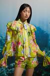 Buy_THE IASO_Green Open Neck Botanical Ruffle Blouse _at_Aza_Fashions