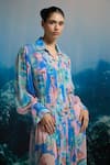 THE IASO_Blue Chiffon Collared Ocean Bloom Maxi Shirt Dress _Online_at_Aza_Fashions