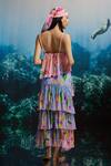 Shop_THE IASO_Pink Chiffon Beads Square Neck Floral Print Crinkle Top _at_Aza_Fashions
