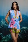 Buy_THE IASO_Blue Cotton Satin Tropical Bloom Sleeveless Blazer _at_Aza_Fashions