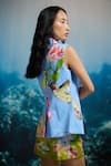 Shop_THE IASO_Blue Cotton Satin Tropical Bloom Sleeveless Blazer _at_Aza_Fashions