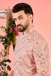 Kasbah_Peach Georgette Sequins, Embroidery Leather Patchwork Sherwani _Online_at_Aza_Fashions