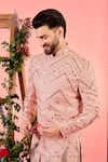 Buy_Kasbah_Peach Georgette Sequins, Embroidery Leather Patchwork Sherwani _Online_at_Aza_Fashions
