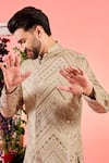 Kasbah_Beige Georgette Embroidery Leather Patchwork Sherwani _Online_at_Aza_Fashions