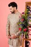 Buy_Kasbah_Beige Georgette Embroidery Leather Patchwork Sherwani _Online_at_Aza_Fashions