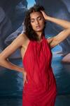 Buy_Amrta By Guneet Kondal_Red Georgette Halter Neck Ruching Dress _Online_at_Aza_Fashions