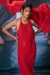 Buy_Amrta By Guneet Kondal_Red Georgette Halter Neck Ruching Dress 