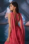 Amrta By Guneet Kondal_Coral Chiffon, Shantoon, Viscose Plunge Neck Ruching Maxi Dress _Online_at_Aza_Fashions
