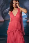 Buy_Amrta By Guneet Kondal_Coral Chiffon, Shantoon, Viscose Plunge Neck Ruching Maxi Dress _Online_at_Aza_Fashions