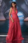 Shop_Amrta By Guneet Kondal_Coral Chiffon, Shantoon, Viscose Plunge Neck Ruching Maxi Dress _Online_at_Aza_Fashions