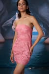 Shop_Amrta By Guneet Kondal_Coral Linen, Cotton, Voile Embroidery Off-shoulder Cutwork Mini Dress _Online_at_Aza_Fashions