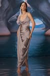 Buy_Amrta By Guneet Kondal_Silver Satin, Shantoon, Viscose Stones Cowl Neck Shark Dress _at_Aza_Fashions