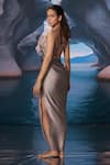 Shop_Amrta By Guneet Kondal_Silver Satin, Shantoon, Viscose Stones Cowl Neck Shark Dress _at_Aza_Fashions