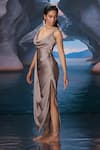 Amrta By Guneet Kondal_Silver Satin, Shantoon, Viscose Stones Cowl Neck Shark Dress _Online_at_Aza_Fashions