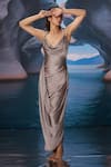 Buy_Amrta By Guneet Kondal_Silver Satin, Shantoon, Viscose Stones Cowl Neck Shark Dress _Online_at_Aza_Fashions