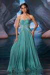 Buy_Amrta By Guneet Kondal_Blue Chiffon, Shantoon Embroidery Sweetheart Neck Moonreef Retro Maxi Dress _at_Aza_Fashions