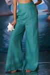 Amrta By Guneet Kondal_Blue Linen Beads Round Neck Retro Embellished Top And Wide Legged Pant _Online_at_Aza_Fashions