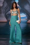Buy_Amrta By Guneet Kondal_Blue Linen Beads Round Neck Retro Embellished Top And Wide Legged Pant _at_Aza_Fashions