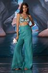 Shop_Amrta By Guneet Kondal_Blue Linen Beads Round Neck Retro Embellished Top And Wide Legged Pant _Online_at_Aza_Fashions