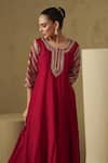 Buy_Kesar Studio_Red Silk Embroidery Round Neck Hand Anarkali Set _Online_at_Aza_Fashions