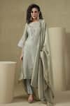 Buy_Kesar Studio_Blue Silk, Tissue Embroidery Round Neck Lotus Handwork Kurta Set _at_Aza_Fashions